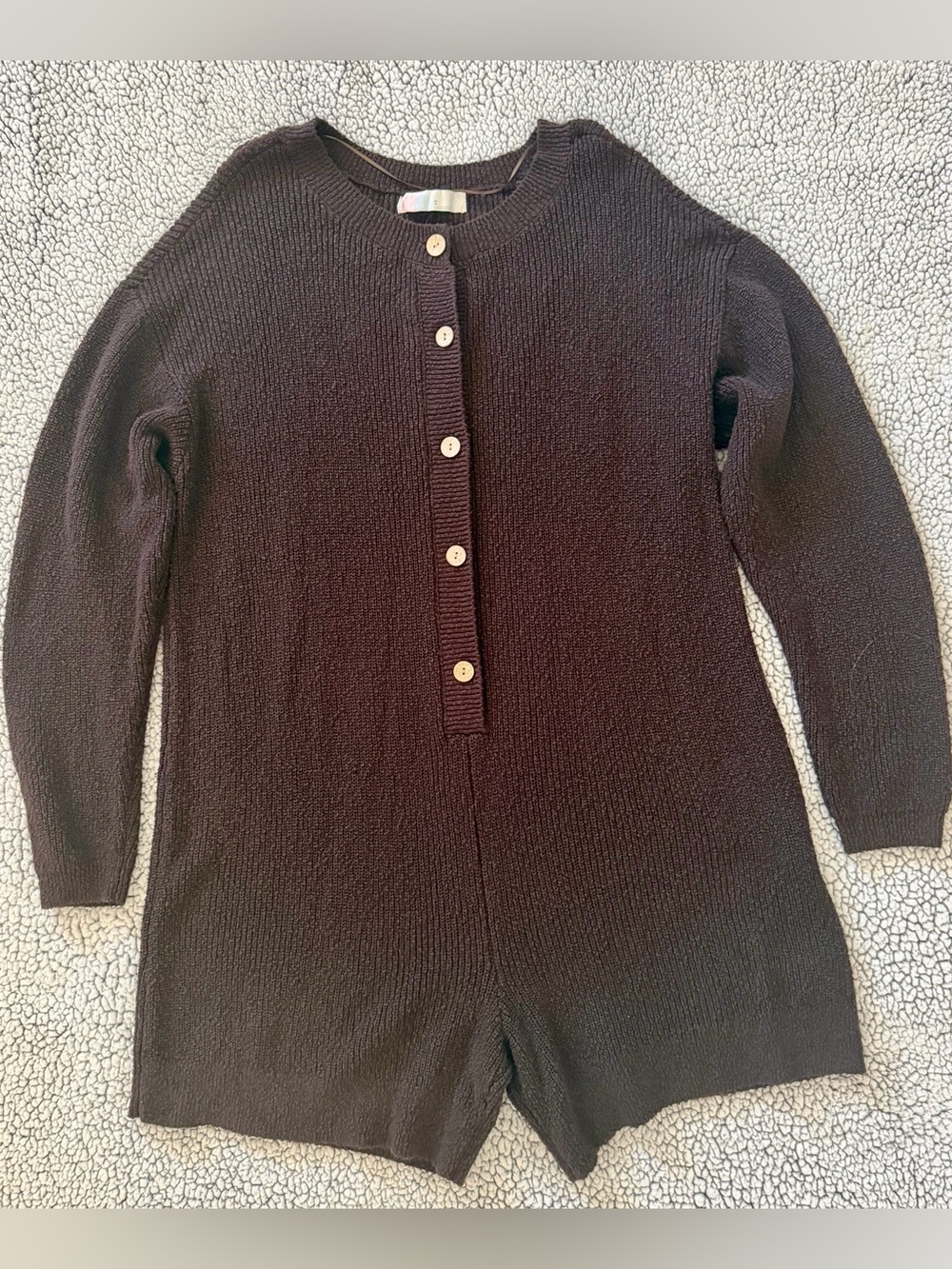Free People Beach - Long-Sleeve Brown Sweater Knit Romper with Button Placket